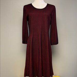 Misook Size M Red Black Knit Dress 3/4 Sleeve Fit Flare